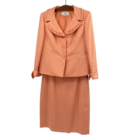 Le Suit Ruffle Collar Skirt Suit Set Peach Career Business Women's 10 Petite - Picture 1 of 16